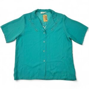 Vintage sheer teal green embroidered cut out short sleeve button up